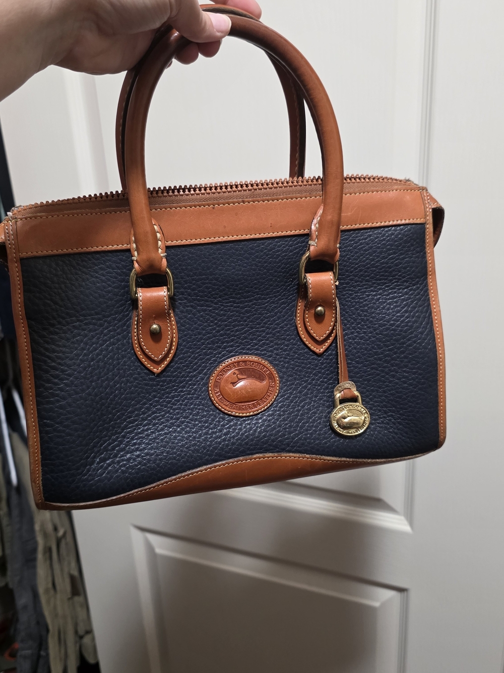 Vintage Dooney & Bourke Navy Pebbled Leather Satchel with Tan Trim